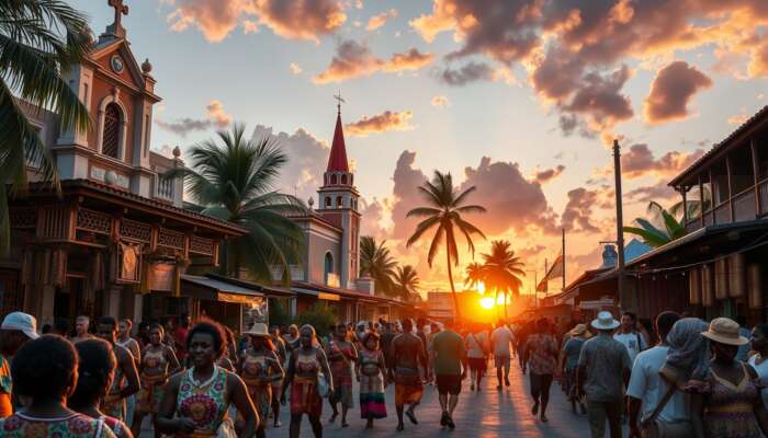 Vibrant Belize City street scene with colonial architecture, colourful markets, diverse crowds in traditional attire, tropical foliage, and sunset waterfront.