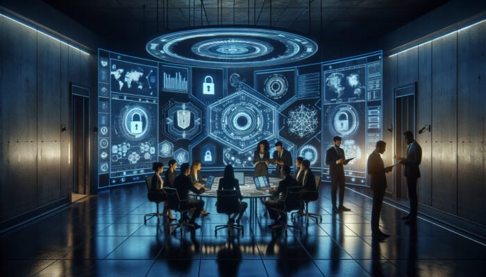 Diverse experts in a high-tech command center strategize security measures amid holographic screens and dim blue lighting.