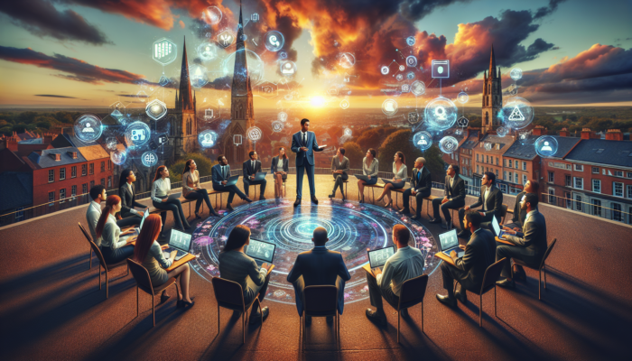 A diverse team of experts discussing innovative social media strategies on laptops against the scenic backdrop of Shaftesbury's Gold Hill at sunset, surrounded by digital icons.