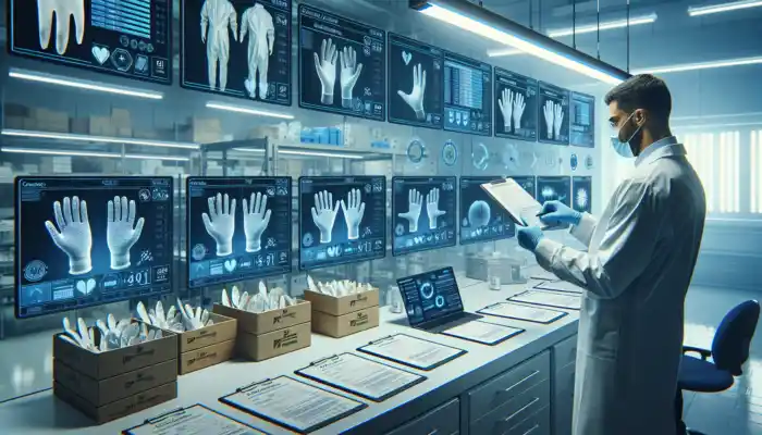 Quality assurance specialist evaluating latex gauntlet glove samples in a sterile laboratory, surrounded by checklists, packaging, and tablets under bright lights.