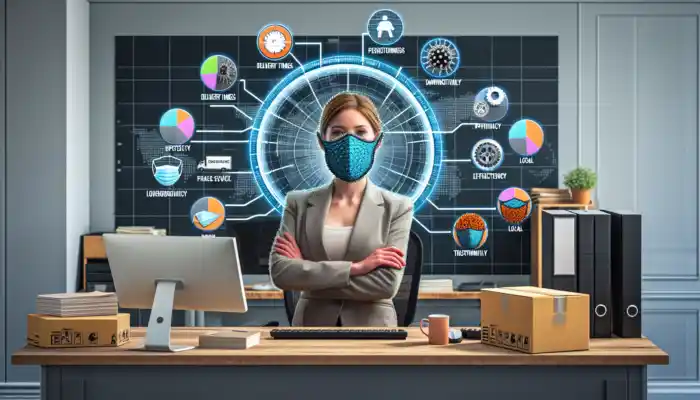 Business analyst in a modern Darlington office reviewing PPE suppliers with charts, icons, and custom masks for efficiency.