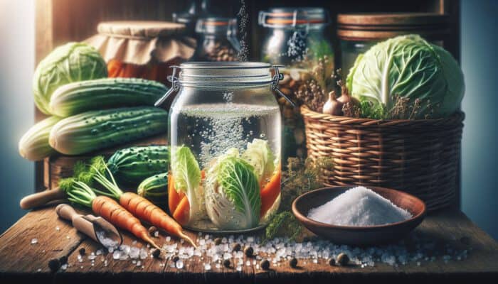 How to Ferment Vegetables Like a Pro: Rustic kitchen scene with fresh cabbage and carrots in glass jars of brine, bubbles rising, salt crystals, and herbs for fermentation.