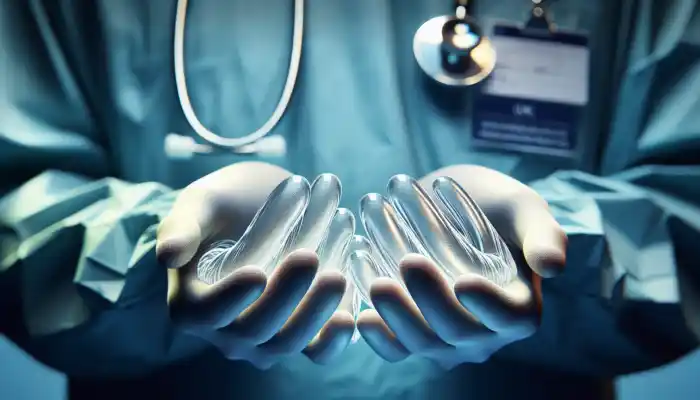 Close-up of hands wearing smooth, powder-free vinyl gloves during a precise medical procedure in a sterile UK hospital, showcasing flexible, latex-free material.