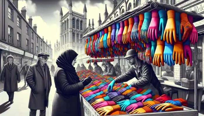 A shopper examines colourful gloves at a lively Leicester market stall, with historic brick buildings and a grey sky in the background.
