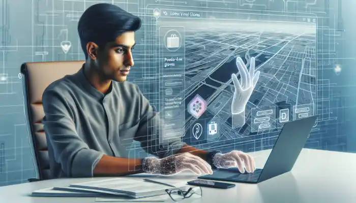 A focused individual at a desk browsing a UK medical website on a laptop, examining images of powder-free vinyl gloves with a Leicester map and delivery icons in the background.