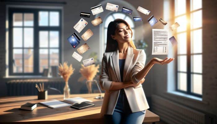 A relieved UK professional in a modern London office smiles confidently while holding a loan document, with fading store card bills symbolising simplified debt management.