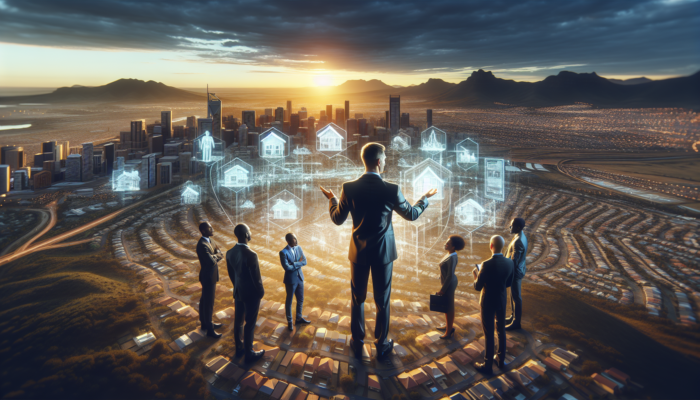 Aerial view of Johannesburg at dawn, featuring modern homes in Sandton and Soweto, with a real estate expert presenting a holographic map to buyers under a golden sky.