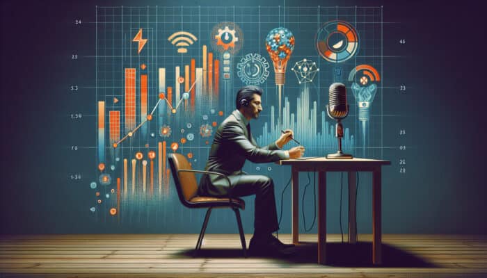 In a modern podcast studio, a focused host analyzes rising download graphs, retention rates, and engagement metrics on digital dashboards.