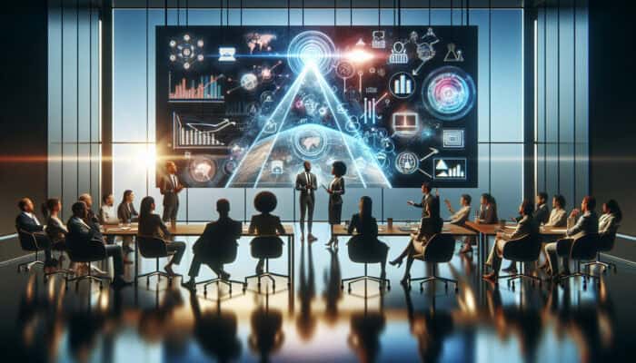 Experts in a conference room discuss purpose-driven video campaigns with holographic screens showing ascending graphs and social videos under soft lighting.