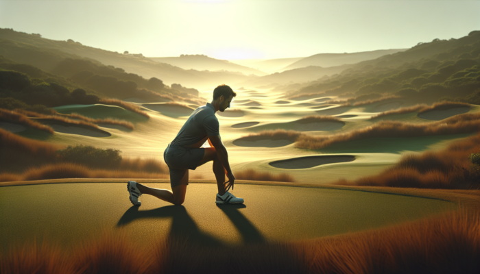 A focused golfer performs hip openers and spinal twists at dawn on a lush South African course with rolling hills.