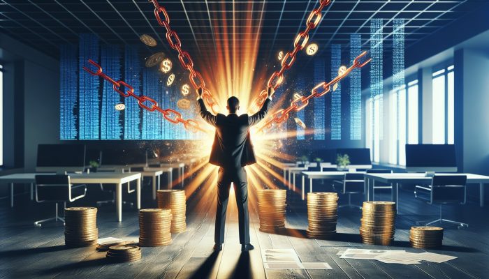 Person in a modern office breaking red overdraft chains into a golden rope, with glowing financial charts in the background, symbolising debt relief.