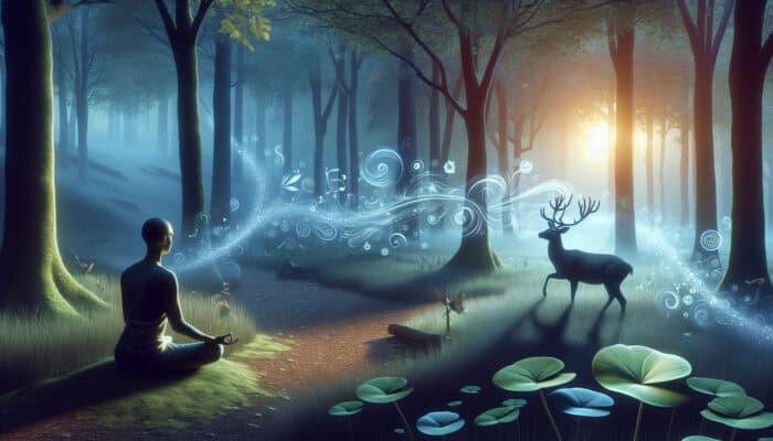 A meditator sits cross-legged in a dawn forest clearing, watching a grazing deer amid swirling leaves and faint shadows.
