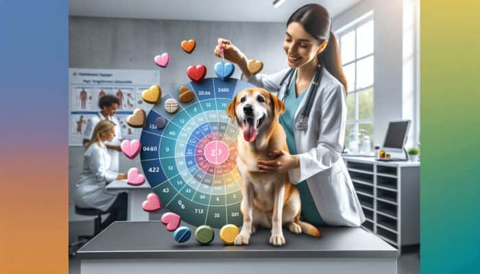 A veterinarian administers heartworm preventive chewable to a smiling dog in a clinic, with a calendar and protected heart icons.
