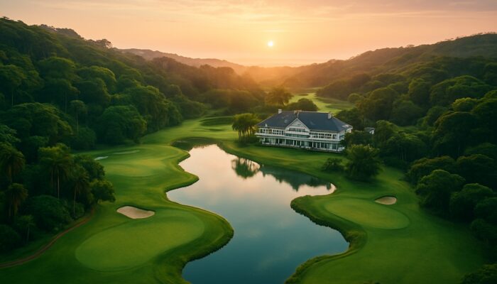 Mtunzini Country Club at dawn: Serene emerald fairways, grand clubhouse, and sparkling lagoons in lush coastal forests.