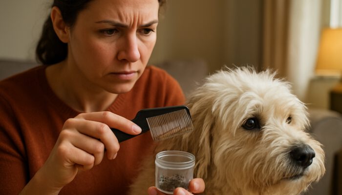 Pet owner combing fluffy dog's fur with flea comb, effectively capturing and sealing fleas in a cozy home.