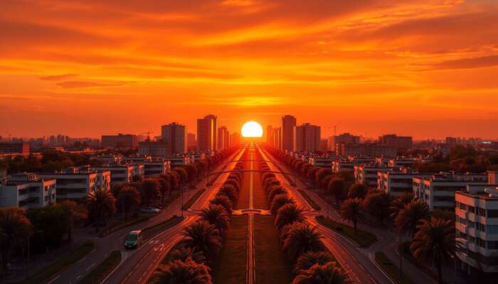 Symmetrical urban landscape at golden hour with winding paths leading to a vivid focal point and striking warm-cool colour contrasts.
