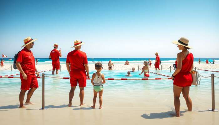 Beach scene featuring lifeguards in red uniforms monitoring swimmers in roped areas, families wearing hats and sunglasses under the bright sun.