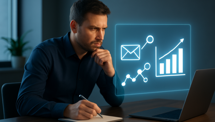 UK small business owner analysing e-commerce budgets on screen with social media, email, and SEO icons.