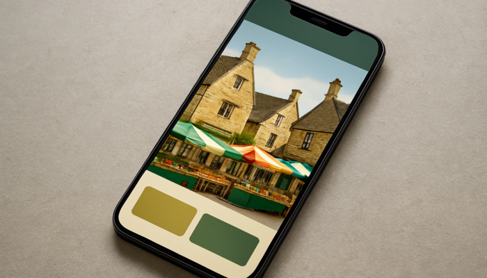 Mobile website of a Stroud small business displayed on a smartphone: Featuring Cotswold buildings, vibrant market stalls, and a user-friendly green and gold interface.