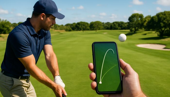 Golfer mid-swing on Port Elizabeth course, analysing spinning ball's spin rate via smartphone overlay.