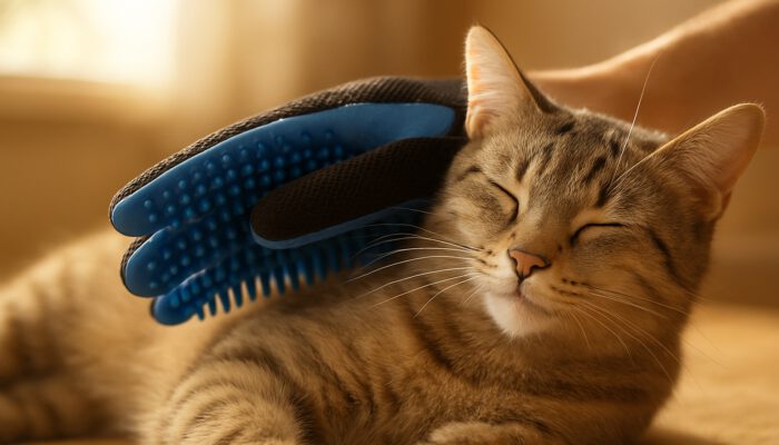 Hand in flexible grooming glove brushing relaxed cat's fur in sunlit room.