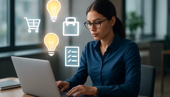 Digital marketer crafting e-commerce content at a desk with floating icons and ideas.