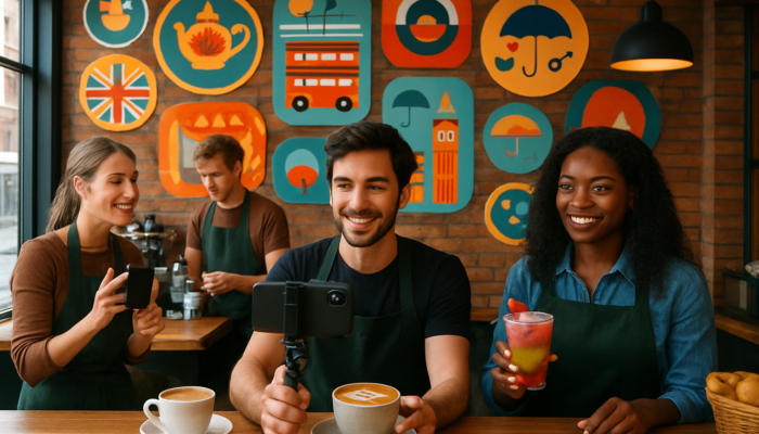 Content Creation in Portland: Bustling London café baristas filming colourful Instagram videos of specials amid UK event infographics.