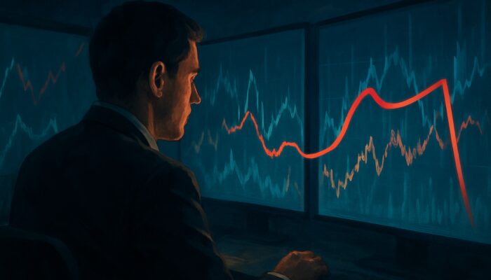 Concentrated trader observing stock charts in a dimly lit room, highlighted by a protective trailing red line.