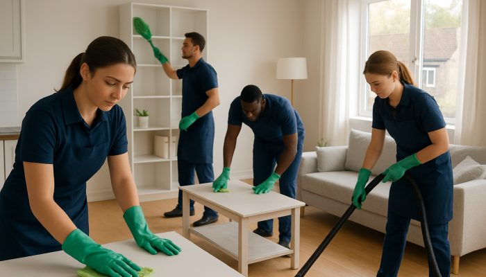 Professional cleaners in uniforms organising a sunlit UK apartment with eco-friendly tools.