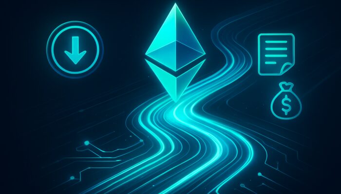 Neon blue-green visualisation showcasing declining Ethereum gas fees through optimised glowing blockchain pathways.