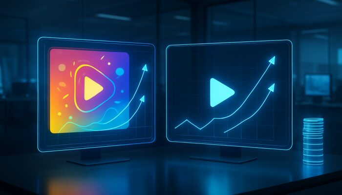 Holographic split-screen comparison of dynamic versus minimalist video ads with performance graphs for A/B testing optimisation