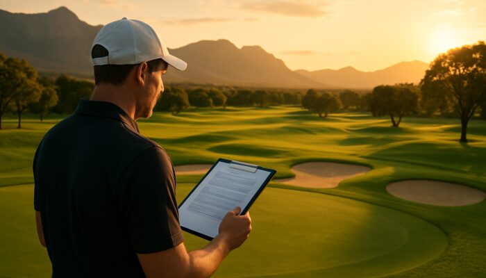 Golfer reviewing membership contract at a luxurious South African golf club with mountain views at sunset