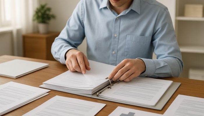 Individual arranging medical records chronologically into summary binder on wooden desk