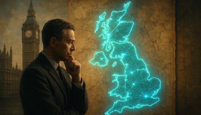 using lessons learned in new decisions: UK Strategies | DCL British strategist in Westminster blending historical scrolls with glowing futuristic UK maps for strategic decisions.