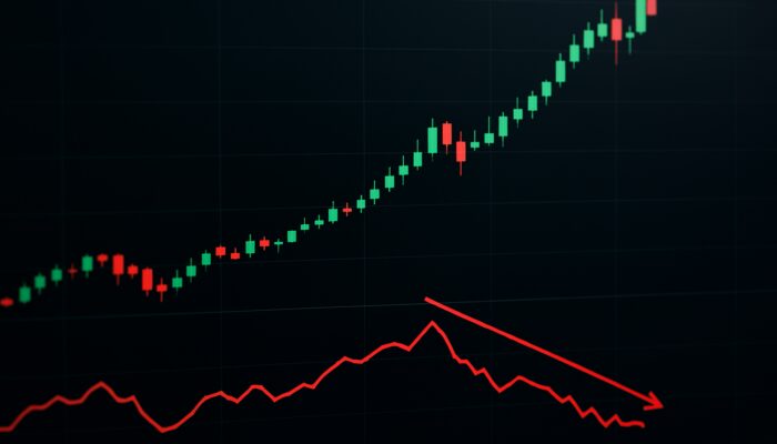 Trading chart displaying surging candlesticks at new highs, with diverging downward Chaikin Money Flow, and red trendlines indicating reversal.