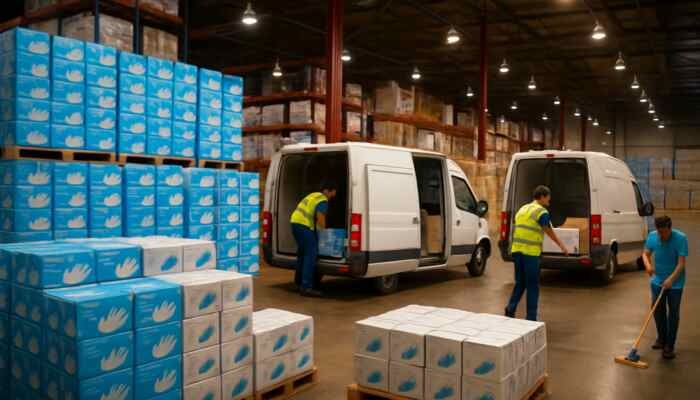 Warehouse in Hucknall stacked with bulk boxes of vinyl gloves as delivery vans load supplies under bright lights.
