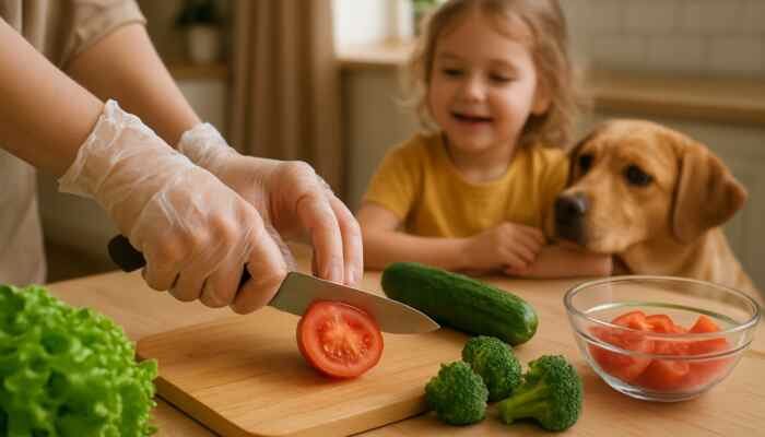 Hands in clear vinyl gloves preparing fresh food in a cosy family kitchen with a child and a pet nearby.
