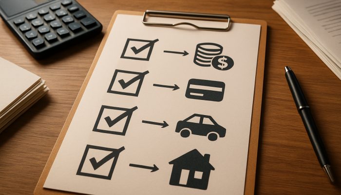 Checklist Before You Merge Any Debts: Key Points To Review | DCL Wooden desk checklist for merging debts with icons, calculator, and paperwork