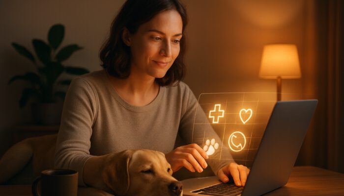Pet owner organising glowing vet contact database on laptop with a relaxed dog nearby