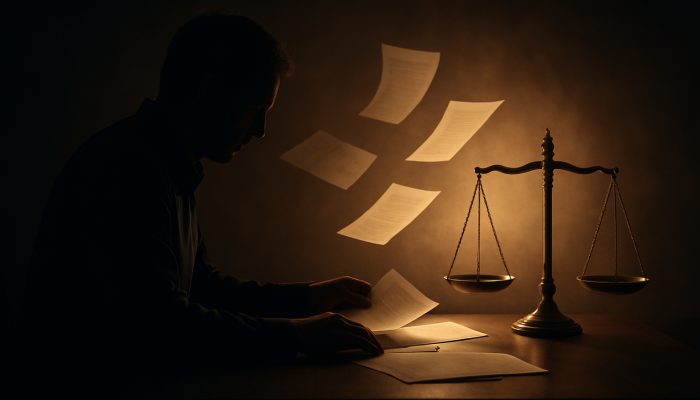Individual sorting house deeds, pensions, and debts beside glowing equity-liability scale.