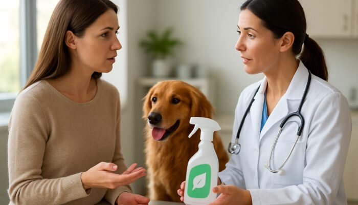 Pet owner discussing non-toxic cleaning products with vet while relaxed dog is in a sunlit clinic
