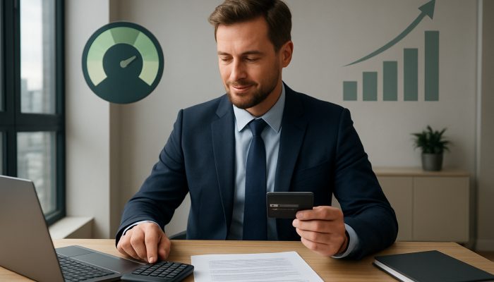 Demonstrating Stable Behaviour to Lenders: Effective Strategies | DCL British professional pays off credit card with glowing 25% utilization meter and rising credit scores