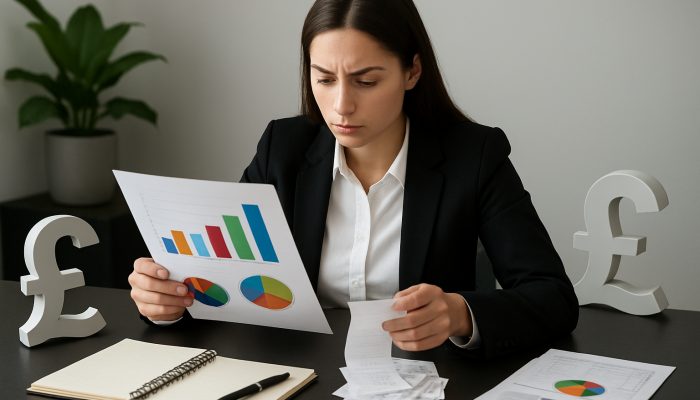 Demonstrating Stable Behaviour to Lenders: Effective Strategies | DCL Young professional reviewing income-expense charts with British pound symbols at sleek desk