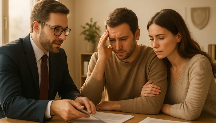UK debt advisor assisting a concerned couple with documents in a sunlit office