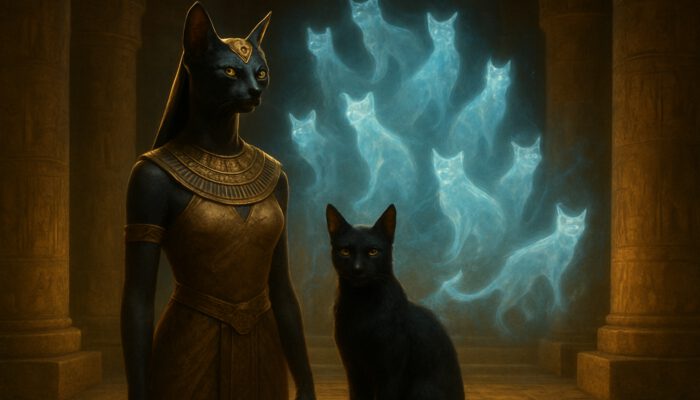 Bastet beside a sleek cat with nine glowing spirit forms in an ancient golden temple.