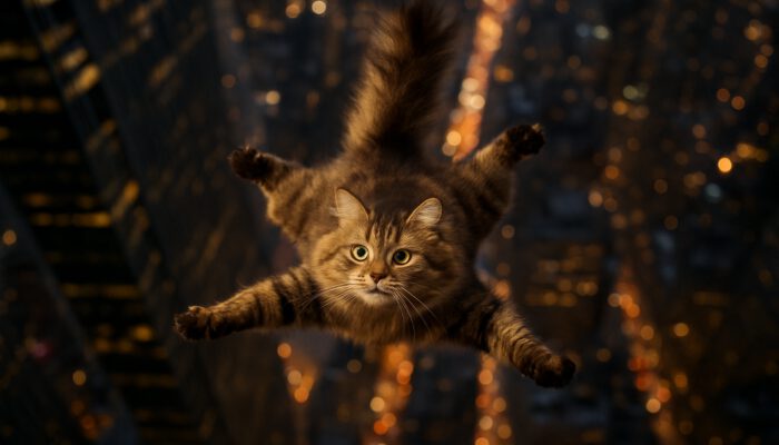 Fluffy tabby cat spreads its body like a parachute while falling from a New York skyscraper at night.