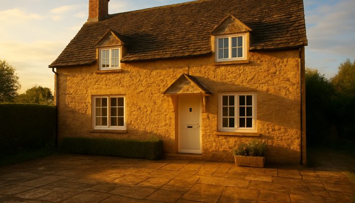 Bright Nether Compton cottage glowing in sunlight with sparkling windows and fresh linens after an extensive clean.