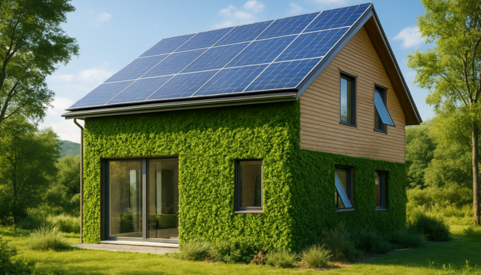 Modern eco-friendly house featuring solar panels, green walls, and smart windows set in a tranquil setting.