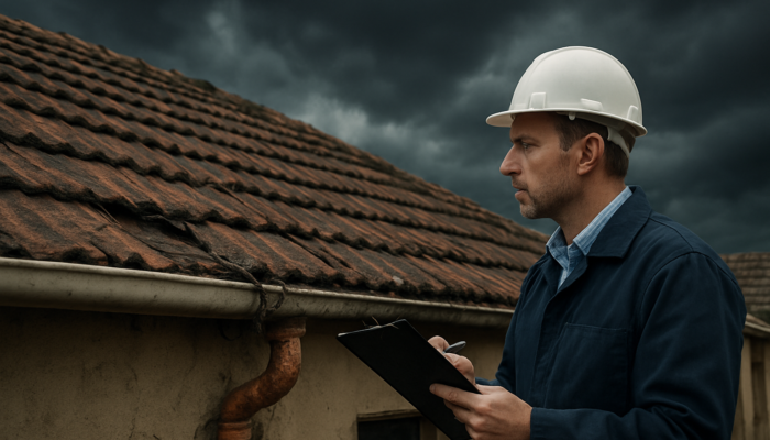 Professional inspector assessing a cracked roof and exposed wiring on an older South African home in Springs under a stormy sky.