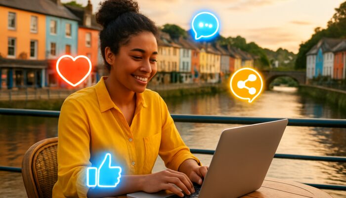 Social media manager on laptop at Totnes riverside cafe with glowing like and share icons